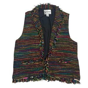 Vintage Chico’s Rainbow Pattern Vest 🌈 Woven Fringe Trim Front Pockets • Size 2